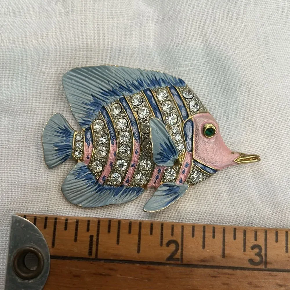 Vintage Blue and Pink Fish Brooch with Crystals